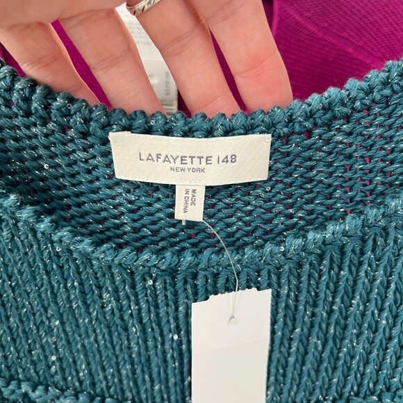 $498 Lafayette 148 Blue Teal Knit Metallic Cotton Seater size XXL - Picture 7 of 8